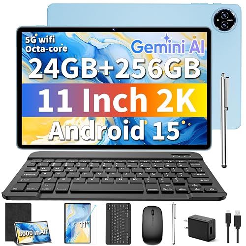 Android 15 Tablet with Keyboard - 11 inch Tablet with 24GB+256GB+2TB Expand | 2026 Electronic Tablet with Gemini AI, 8-Core, 5G WiFi, 8000mAh, GPS, GMS, 2 in 1 Tablet PC with Case, Mouse, Stylus (Black)