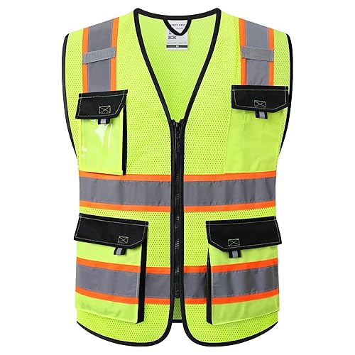 JKSafety Safety Vest for Men Women Hi Vis Reflective Vest JK220 Yellow L | ANSI Class 2, 5 utility Pockets 4 Reflective Strips High Visibility Mesh Fabric Construction Safety Apparel Neon for Work
