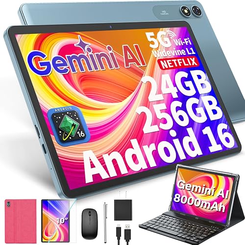 10 inch Tablet with Keyboard - Android 16 Tablet with 24GB+256GB+2TB Expand | 2026 Gemini AI Tablet PC with 8-Core, 5G WiFi, 8000mAh, GMS, GPS, 2-in-1 Electronic Tablet with Case, Mouse, Stylus (Pink)