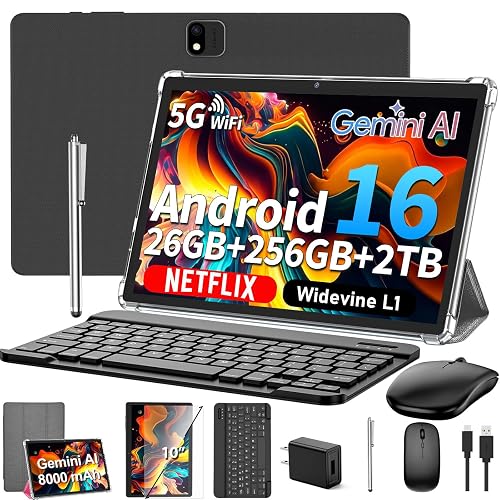 Android 16 Tablet with Keyboard - 10 inch Tablet with 26GB+256GB+2TB Expand | 2026 Electronic Tablet with Gemini AI, 8-Core, 5G WiFi, 8000mAh, GPS, GMS, 2 in 1 Tablet PC with Case, Mouse, Stylus (Silver)