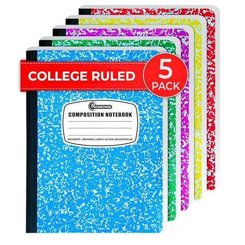 Rosmonde 5 Pack Composition Notebooks College Ruled, Color Marble Notebooks | Marble Composition Books, 200 Pages (100 Sheets), 9-3/4" x 7-1/2", No Bleed Pages, Hard Cover, Notebooks For School