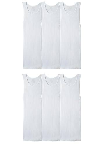Fruit of the Loom Men's Sleeveless Tag Free Moisture Wicking Tank A-Shirt | Breathable ribbed cotton blend, classic-fit A-shirt with a flex-rib collar and armholes and moisture wicking; six pack.