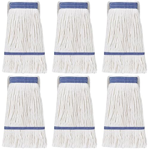 Eccliy 6 Pack Mop Heads Replacement 18 Oz Loop End,White, Blue | Heavy Duty Commercial Refills, Washable Cotton String, Reusable Absorbent for Industrial Tile Wood Concrete Floor Cleaning