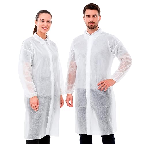ABC PACK & SUPPLY Disposable Lab Coats, White Disposable Coat with Hook and Loop, Elastic Wrists, No Pockets