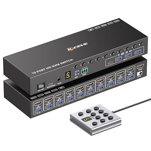 10 Ports HDMI KVM Switch 4K@60Hz EDID Simulation,USB 3.0 KVM Switch for 10 Computers Share 1 Monitor and 4 USB Devices, KVM Switches with Audio RS232 Wired Remote 12V Power and USB Cable