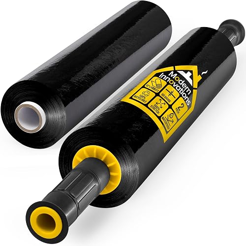 Modern Innovations 15 Inch Black Stretch Wrap Roll with Handles (2 Rolls-2000 Feet) Heavy Duty Shrink Wrap for Moving, Packing Supplies for Wrapping Furniture, Industrial Plastic Pallet Cling
