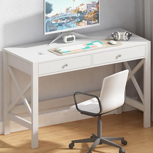 ChooChoo 40 Inches Farmhouse Computer Desk with 2 Drawers | Wooden Writing Desk, Study Desk for Home Office, Makeup Vanity, White