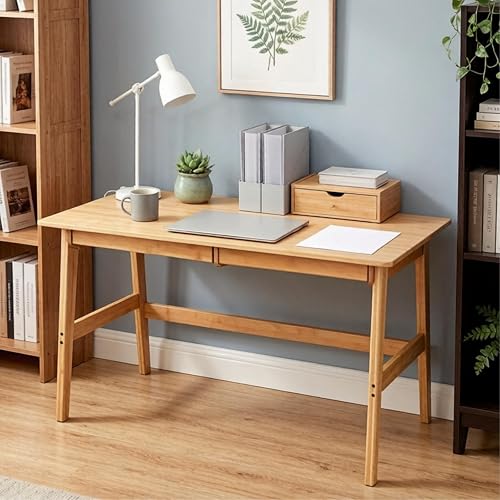Dicunoy Computer Desk with 2 Drawers, 46" Solid Bamboo Home Office Writing Desk for Small Space, Compact Simple Tables with Gap Design and Hook for PC, Laptop, Students, Study, Makeup, Bedroom
