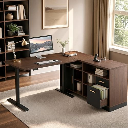 ModernMate 67" L Shaped Standing Desk with File Cabinet, Adjustable Height | One-Piece Electric Executive 1.18" Desk, Built-in Power Outlet & Drawers for A4 / Letter, Home Office Workstation w/ Storage