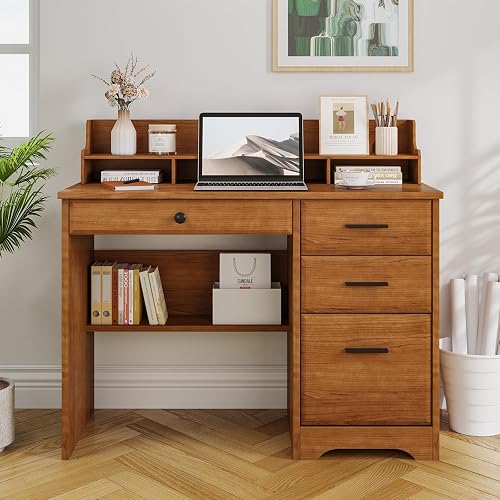 4 EVER WINNER Small Desk with Drawers for Small Spaces, 44'' Wood Desk with File Drawer & Monitor Stand, Office Desks Writing Study Table for Bedroom, Living Room, Brown