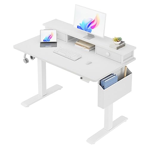 KLUVIS White Electric Standing Desk with Drawers, 40 Inch | Small Standing Desk, Shelf Monitor Stand Storage, Height Adjustable, Home Office Study Writing Girls Computer