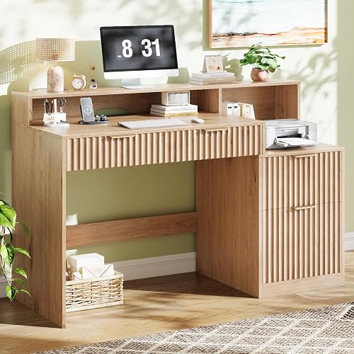 Vabches Fluted Computer Desk with Power Outlets, Home Office Desk with Drawers, Printer Stand, Wood Computer Desk with Long Monitor Stand, Oak