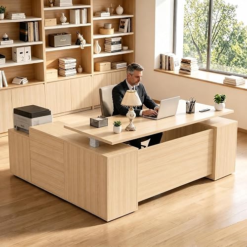 ZIMASYA 71" L Shaped Executive Standing Desk with File Cabinet, Power Outlet & USB, Height Adjustable Office Desk for Corporate, School, Healthcare, Government & Home Office