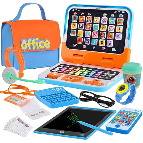 Kids Laptop Phone and LCD Writing Tablet 12PCS Electronic Pretend Play Toys | Home Office Set with Detachable Tablet, Educational Toddlers Role Play Toys with Music Lights, Birthday Gifts for Age 3-5-7