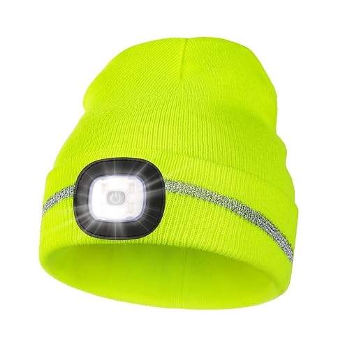 MELASA Reflective Stripe Beanie with the Light, Warm Hat with Light Outdoor | Unisex Safety High Visibility Winter LED Beanie, Hand Free Hat with Light for Outdoor Work Sports in Dark, Gifts for Men Dad