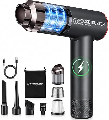 PocketDuster 2-in-1 Compressed Air Duster and Mini Vacuum Cleaner with 150000 High RPM - Powerful Brushless Motor for Desktop, Keyboards, Laptop, Dryer and Electronics