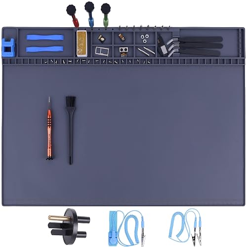 Premium Heat Resistant 932°F 20.9" x 13.5" Anti-Static Mat Includes Static Discharge Grounding Kit, HPFIX ESD Magnetic Electronics Work Mat for Computer Cell Phone Laptop Repair