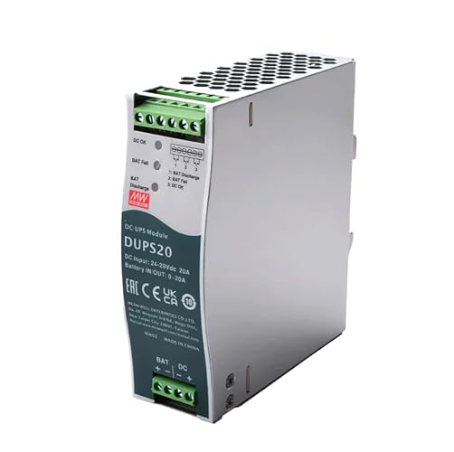 Mean Well DUPS20 20A 24V DC Uninterruptible Power Supply (UPS) Module for DIN Rail, Battery Charger 2A DC UPS System for Industrial Automation, Security