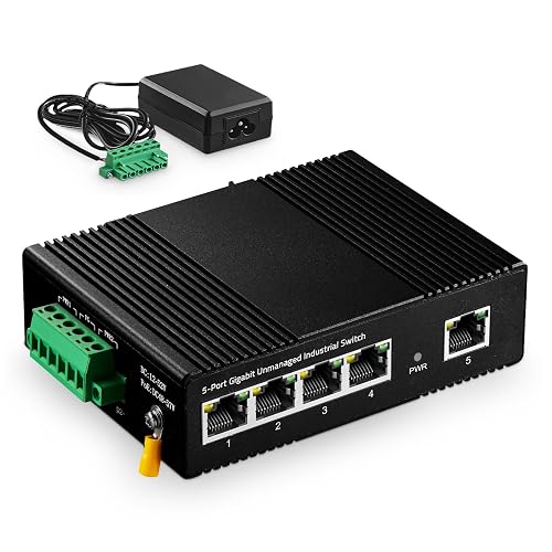 Binardat 5 Port Gigabit Din Rail Industrial Ethernet Switch, 4 Ports and 1 Uplink 10/100/1000Mbps, Fanless Wall Mount, with One Power Supply