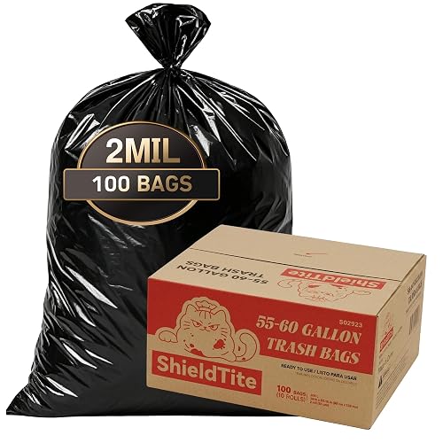 ShieldTite Heavy Duty Trash Bags, 50-60 Gal 2 Mil Large Black Garbage Bags | 100 Count, Sturdy Tear Resistant Black Industrial Trash Bags for Construction, Yard Waste, Commercial and Household Cleanup