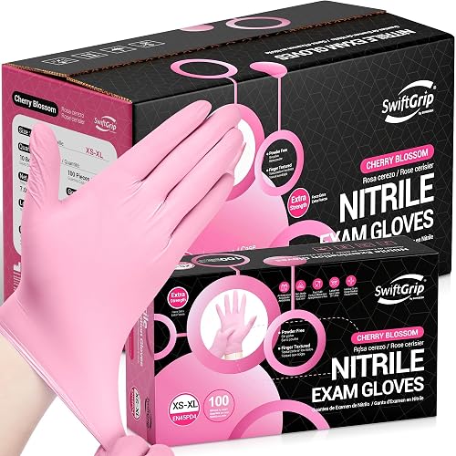 SwiftGrip Nitrile Exam Gloves, 4 Mil, Cherry Blossom, Food Safe Gloves Disposable Latex Free, Powder Free
