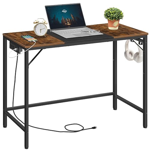 HOOBRO Computer Desk, 39.3 Inch Small Desk with Power Outlet, Writing Table with USB Charging Ports and 3 Hooks for Home Office, Study Room, Bedroom, Easy to Assemble, Rustic Brown and Black BF41UDN01