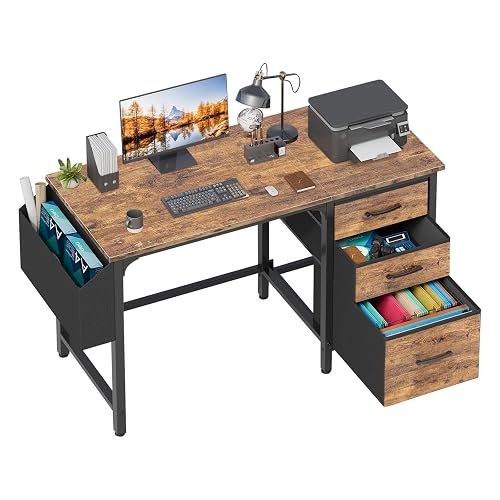 Lufeiya Computer Desk with File Drawers Cabinet, 47 Inch Reversible Home Office Desks with Fabric Filing Cabinet for Small Space, Study Writing Table PC Desks, Rustic Brown