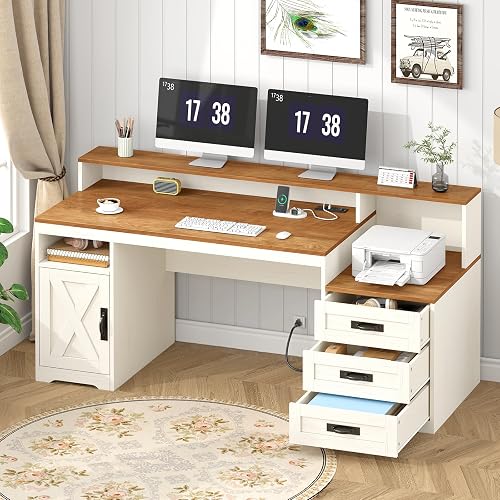 65" Farmhouse Computer Desk with Drawers and Printer Stand for Home Office | Office Desk with Power Outlets and Storage Cabinet, Study Writing Desks with Long Monitor Stand, Brown and White