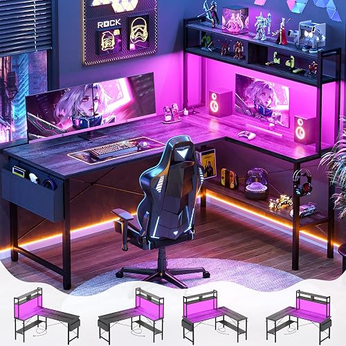 Aheaplus 59" L Shaped Desk Gaming Desk with LED Light & Power Outlet | Black Oak Reversible L Shaped Computer Desk, Home Office Desk Corner Gamer Desks with Shelves & Storage Bag & Hooks