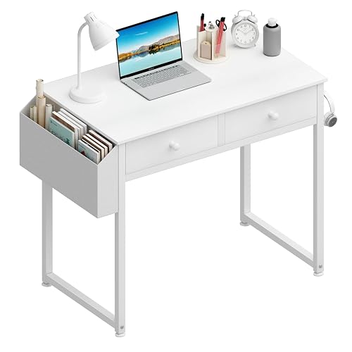 Lufeiya Small White Kids Desk with Drawers for Bedroom, 32 Inch Home Office Desks with Fabric Storage Drawer and Bag, Study Writing Vanity Table for Small Spaces, White
