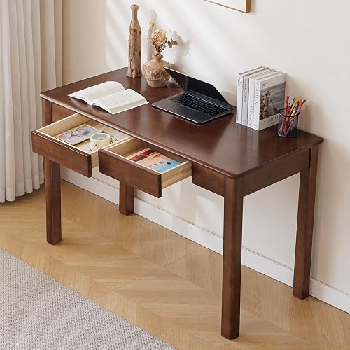 IronHaul Solid Wood Desk with Drawer (Walnut Color, 39.4inch) | Modern Home Office Computer Desk, Sturdy Wooden Writing Study Desk for Bedroom Living Room, Easy to Assemble