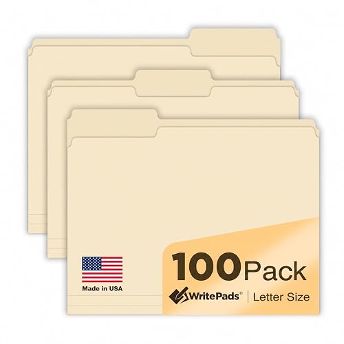 WritePads Manila File Folders, 100 Pack, Letter Size, 1/3-Cut Tabs | 8.5 x 11 in letter size manila folders with 1/3-cut tabs. Durable filing supplies for office, school and home. Made in USA
