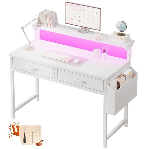 DurayLoly 31" Computer Desk with 2 Drawers & LED Lights,Space Saving,White | Home Office Desks with Side Pocket and Monitor Stand,Gaming Desk with Headphone Hook,Study Writing Table with Anti-Tip Design