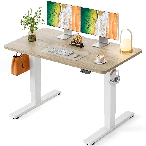 CubiCubi Electric Standing Desk 48 x 24 Inch, Height Adjustable Sit Stand Desk with Memory Presets, Splice Desktop Computer Desk for Home Office, White Frame/Light Walnut Top