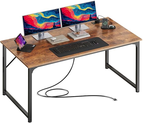 PRAISUN 47 X 24 Inch Deep Computer Desk with Power Outlets | Home Office Desk for Bedroom, Gaming Writing Work from Home Study Desk, Stable Metal Frame, Rustic Brown