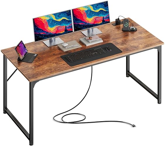 PRAISUN 47 X 24 Inch Deeper Desk with Power Outlets | Computer Desk for Bedroom, Office Desk for Work from Home, Writing Study Gaming Table, Stable Metal Frame, Rustic Brown
