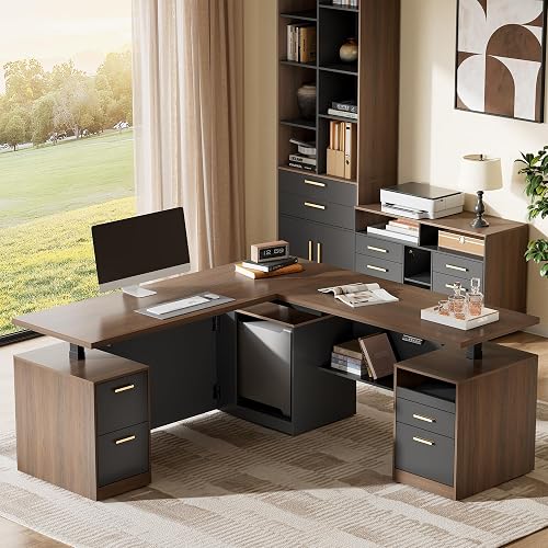 ModernMate 71" L Shaped Electric Standing Desk with 5 Drawers & CPU Storage | One-Piece Height Adjustable Executive Standing Desk, AC/USB & Privacy Panel, Home Office Workstation, Black Walnut