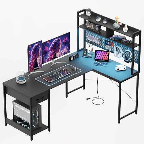 Apicizon L Shaped Gaming Desk 53" with Hutch, LED Light and Drawer | Carbon Fiber Surface, Storage Shelves, Pegboard with Hooks, PC Tower Stand, USB Charging Port, Home Office, Bedroom
