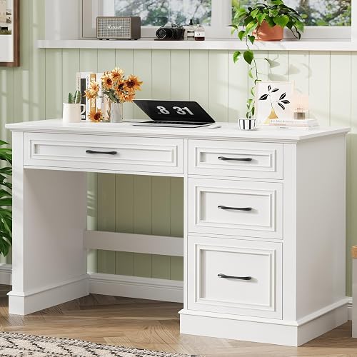 Vabches Farmhouse 47" Executive Desk with A File Drawer, Cream White | Computer Desk with 4 Drawers, Workstation for Writing, Study, Home Office