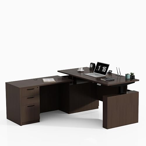 ALFA BUSINESS 66.93" L Shaped Executive Standing Desk with Lockable Cabinet | Fully Assembled 3-Drawer File Cabinet, Pre-installed Frame, Dual-motor Adjustable Sit Stand Desk, for Corporate & Home Office