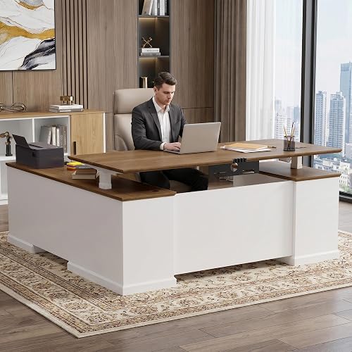 ZIMASYA 71" L Shaped Executive Desk with File Cabinet Drawers Outlet USB, Height Adjustable Modern Desk Privacy Panel Sit-Stand Workstation for Boss Managers Office Home, Walnut & Antique White