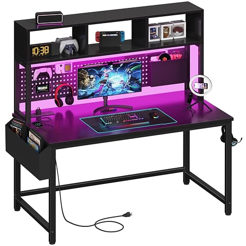 DLisiting Black Gaming Desk with Hutch and Pegboard, 47 Inch | Shelves Storage, Power Outlets, Computer Teen Work Study Writing, For Bedroom Home Office