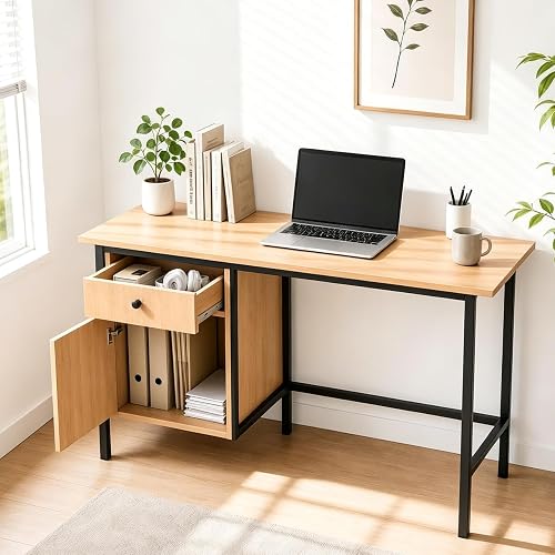 Garvee 47" Home Office Desk with Drawer and Cabinet Storage | Simple Modern Desk for Bedroom, Home Office, Study, Writing, Study Table with Cabinet, Natural Oak+Black