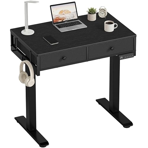 KLUVIS Black Sit Stand Desk with Drawers, 32 Inch Electric Standing Desk with Storage, Small Space Stand Up Computer Desks for Home Office Bedroom, Study Writing Desks for Walking Pad