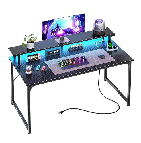 PRAISUN 40 inch Gaming Desk, LED & Power Outlets, Monitor Stand, Black | Sturdy PC Desk for Home Office, Study & Work, LED Lights, 4 AC Outlets & USB-C Charging Station