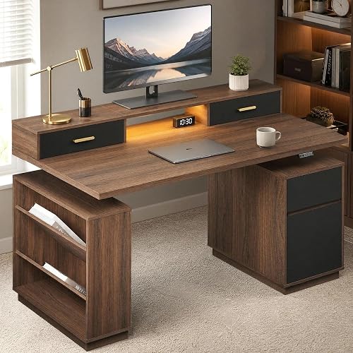 63" Electric Executive Standing Desk with 4 Drawers, Height Adjustable Desk | Office Computer Desk with File Cabinet for Letter/A4, Power Outets, Monitor Stand, One-Piece 1.18" Tabletop, 4000K LED