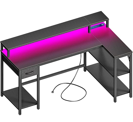SUPERJARE 53 inch Reversible L Shaped Desk with LED Lights & Power Outlets, Computer Desk with Shelves & Monitor Stand, Gaming Desk with Drawer, Home Office Desk, Carbon Fiber Black