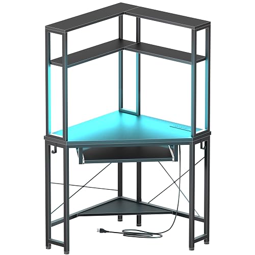 Uniheim Corner Desk with Hutch and LED Light, Keyboard Tray, Black