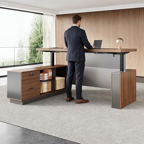 Nuipesn 79 Inch Electric L-Shaped Executive Desk, Height Adjustable Standing Desk for Home Office with Dual Motor Lift, 3 Memory Presets, LED Display and Cable Box, African Walnut and Iron Gray