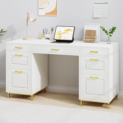 MaverickFurni 57" White and Gold Desk with 7 Drawers | Home Office Desk with 2 File Drawers, White Computer Desk with Specious Workspace for Work Writing Study